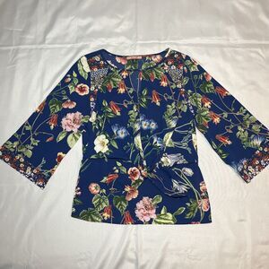 Olive Hill Top Womens M Blue Green Multi Floral Tie Up Peplum Blouse Boho